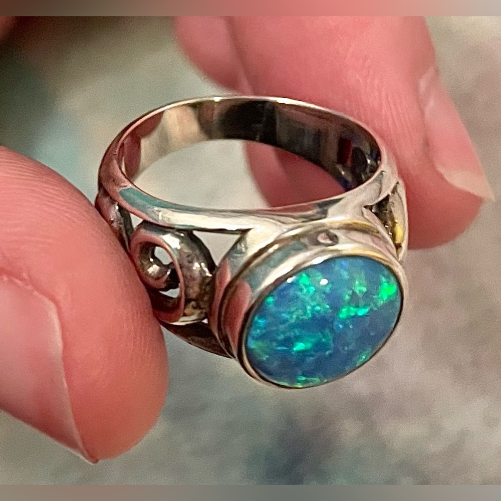 Gorgeous Blue Opal and Sterling Silver Ring Size 6